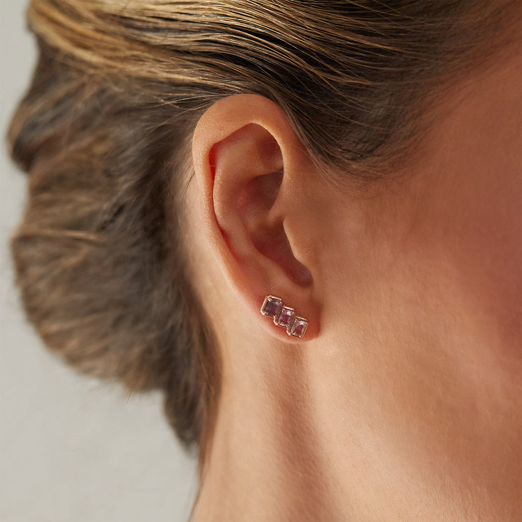 Emerald Cut Pink Ombré Trio Sapphire Earrings