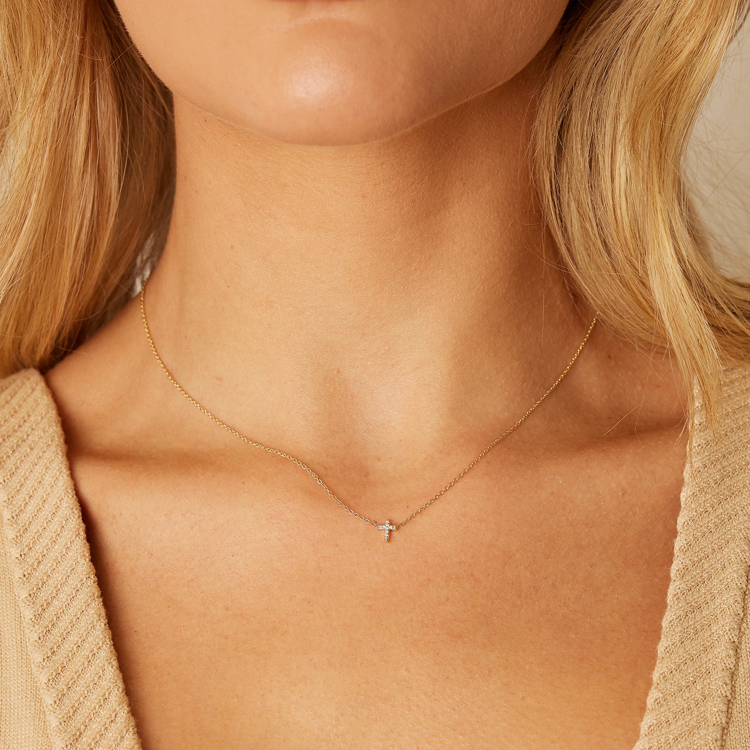 Diamond Pave Cross Necklace – Baby Gold - Main Image