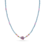 Pendant necklace with star shaped pearl, aquamarine faceted beads, 14K solid gold faceted beads, and station pink sapphire beads.
