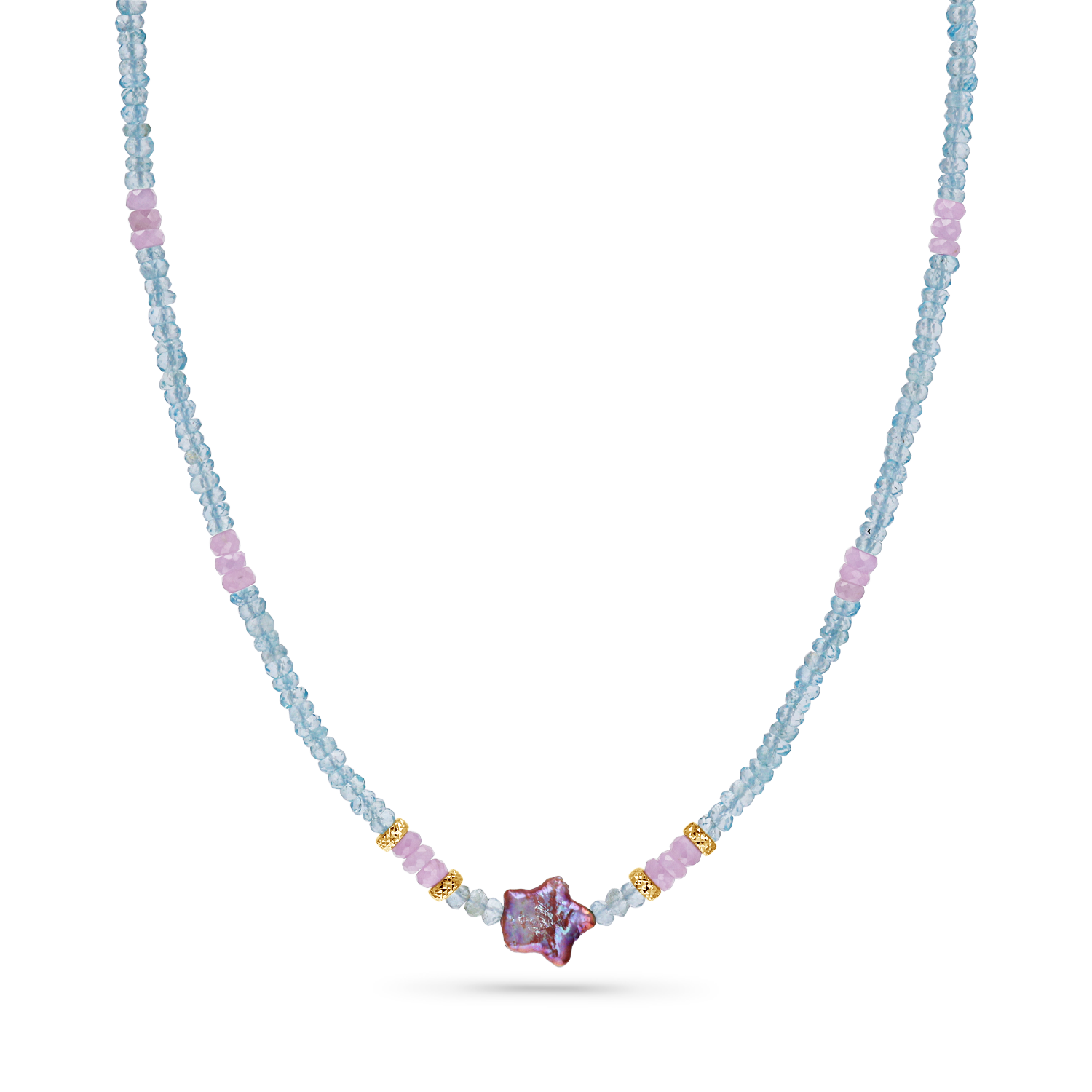 Pendant necklace with star shaped pearl, aquamarine faceted beads, 14K solid gold faceted beads, and station pink sapphire beads.