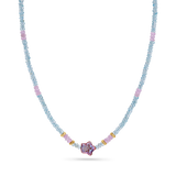 Pendant necklace with star shaped pearl, aquamarine faceted beads, 14K solid gold faceted beads, and station pink sapphire beads.