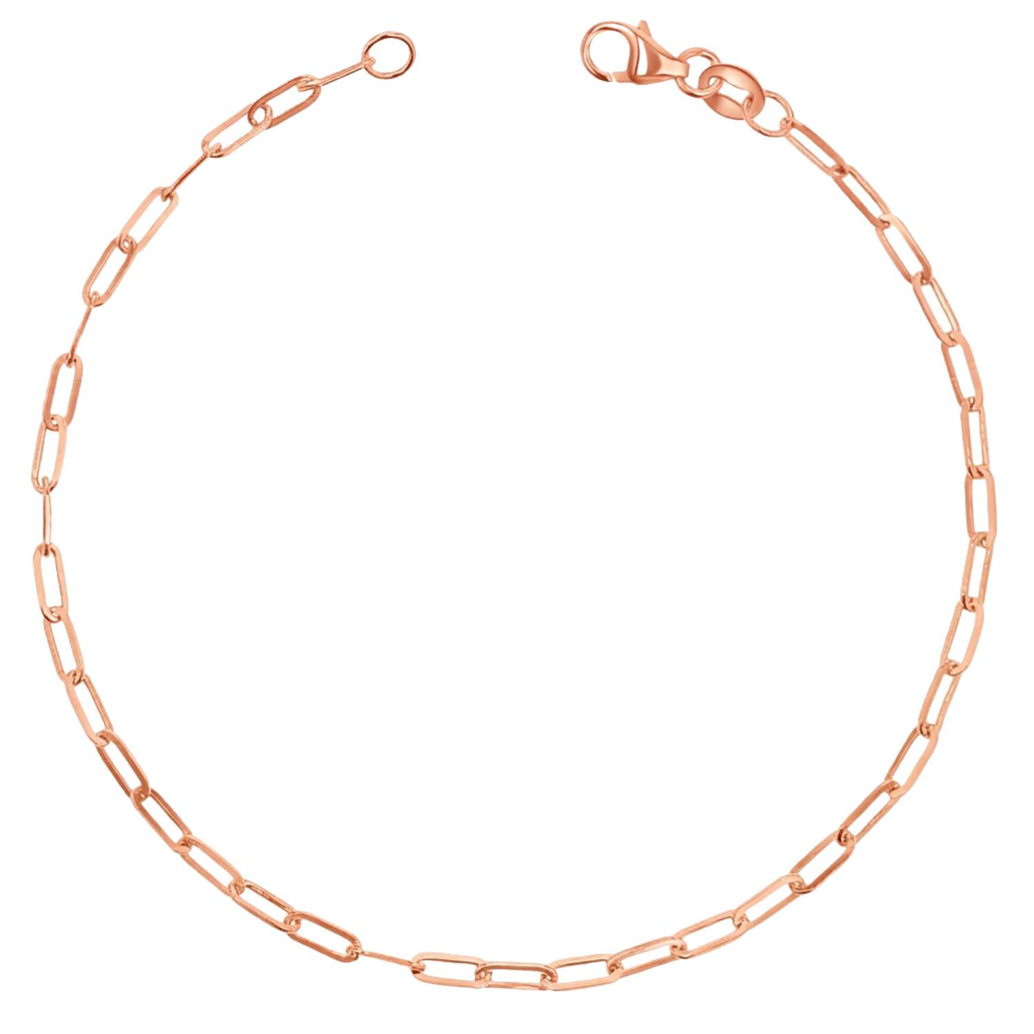 14K solid rose gold anklet with diamond cut paperclip chain links and a lobster lock clasp.