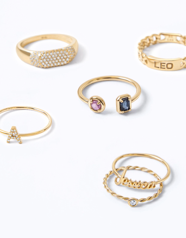 14K solid gold natural diamond rings, engraved rings, initial pave diamond ring, sapphire ring with blue and pink gemstones, personalized name ring, solitaire bezel dainty ring.