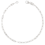 14K solid white gold anklet with diamond cut paperclip chain links and a lobster lock clasp.