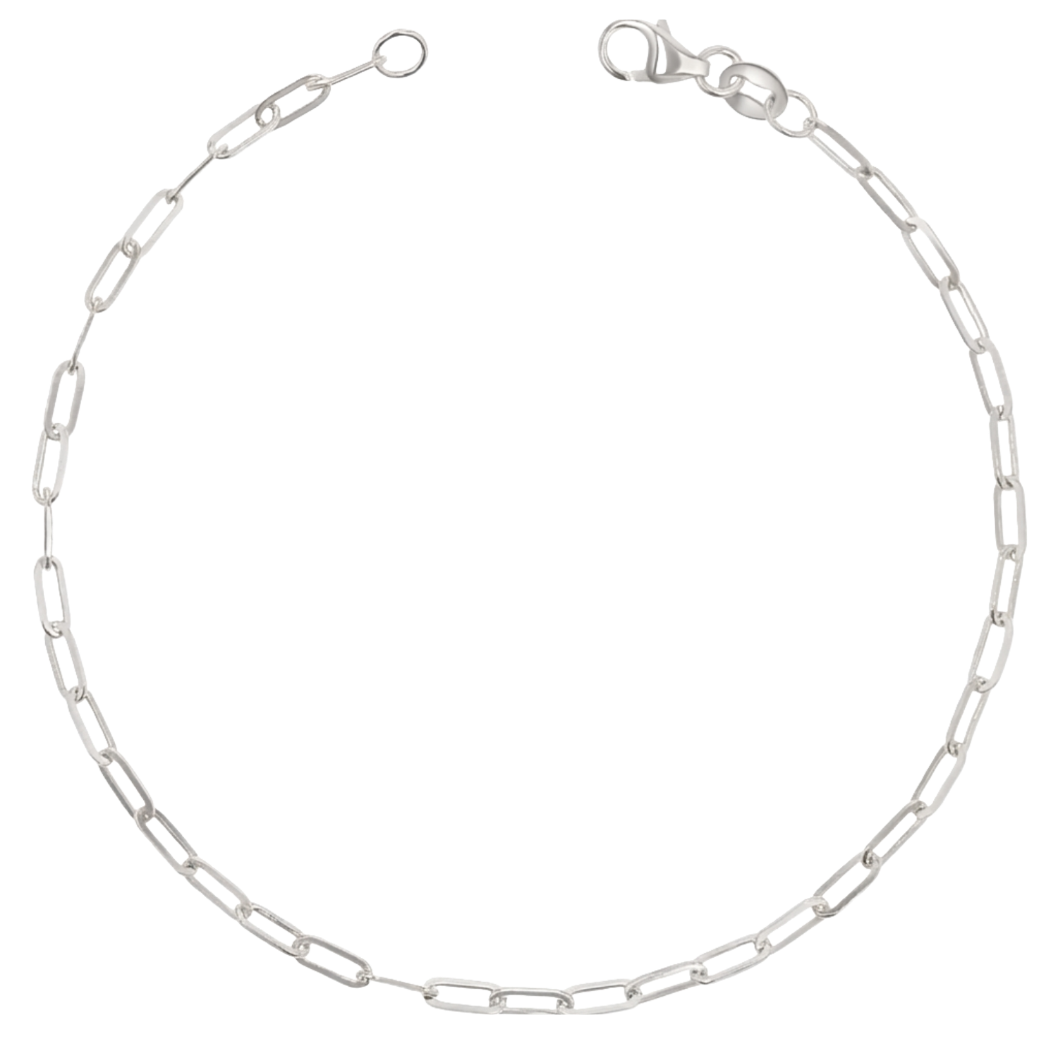 14K solid white gold anklet with diamond cut paperclip chain links and a lobster lock clasp.