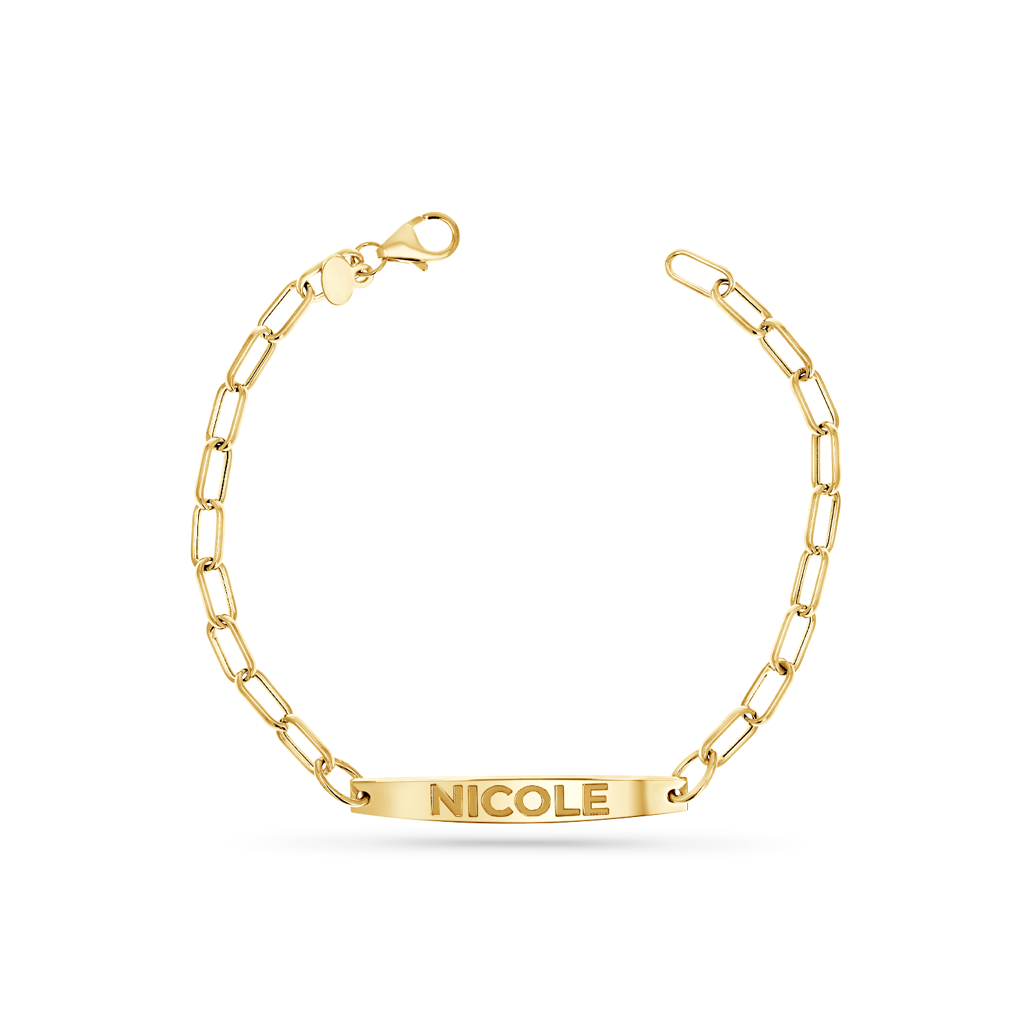A 14K yellow gold bracelet with oval link chain and solid name plate with engraved name on it and lobster clasp.