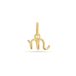 14k solid yellow gold charm of a lowercase letter in a cursive font. Round 5mm bail.