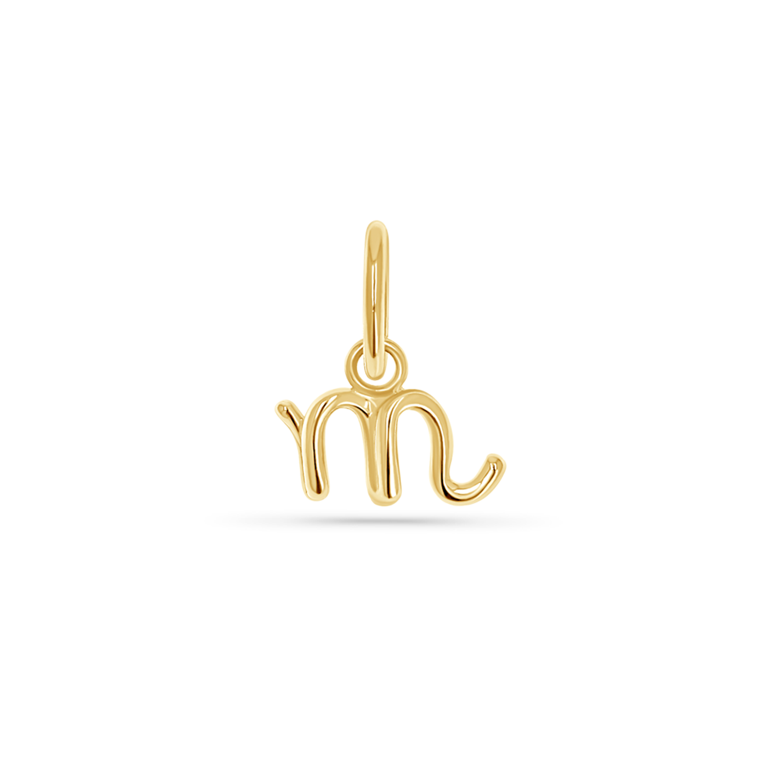 14k solid yellow gold charm of a lowercase letter in a cursive font. Round 5mm bail.