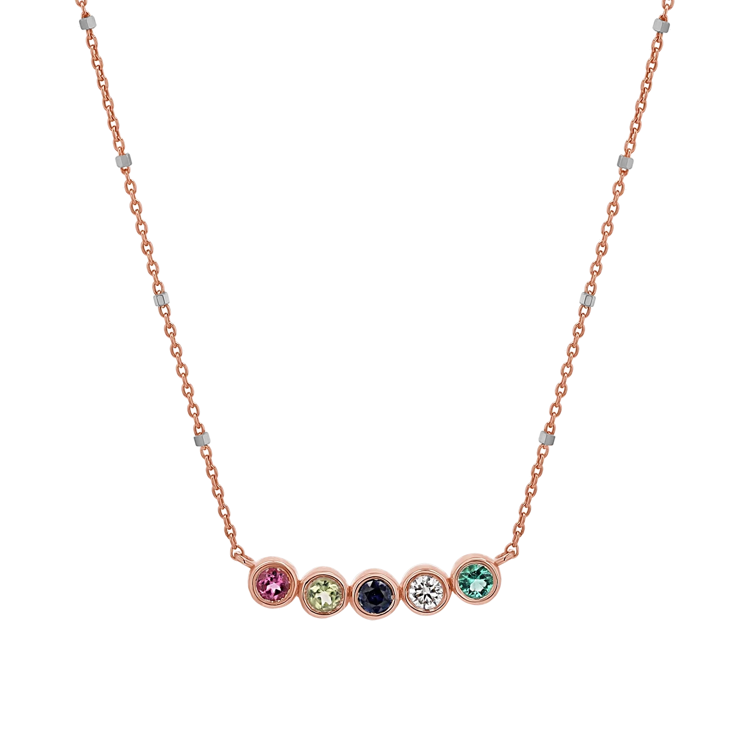 14K rose gold custom birthstone necklace multicolor gemstone bar personalized fine jewelry transparent background