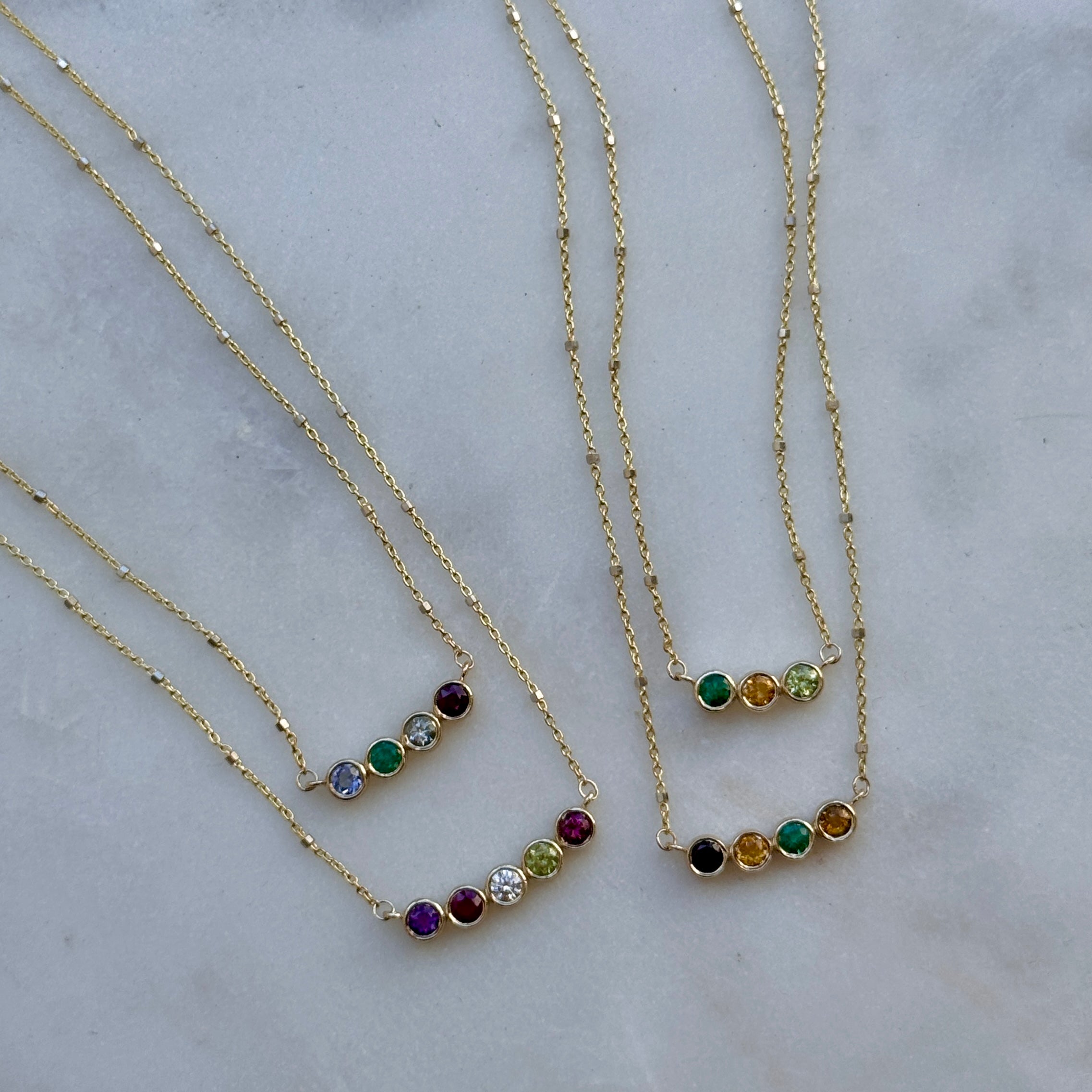 14K yellow gold birthstone necklaces multiple stone combinations custom personalized gemstone bar fine jewelry