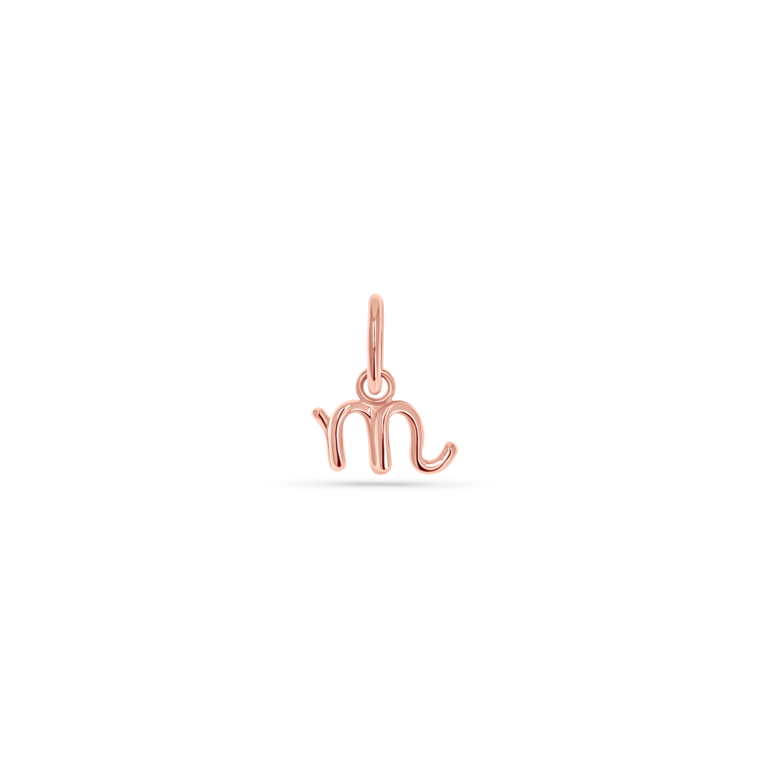 14k solid rose gold charm of a lowercase letter in a cursive font. Round 5mm bail.