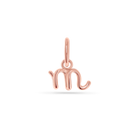 14k solid rose gold charm of a lowercase letter in a cursive font. Round 5mm bail.