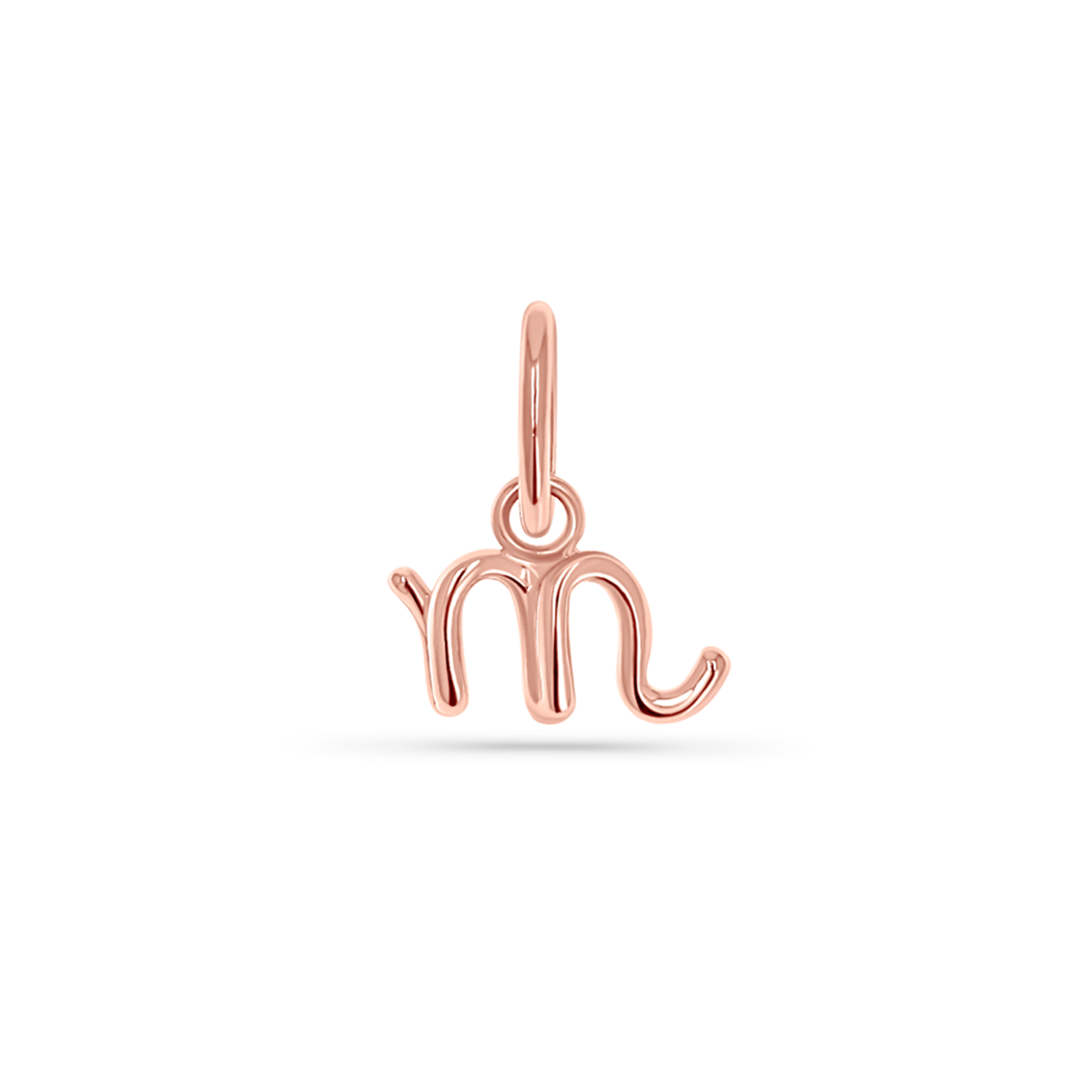 14k solid rose gold charm of a lowercase letter in a cursive font. Round 5mm bail.