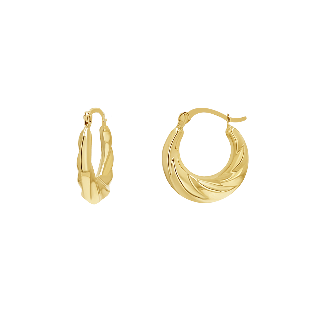 Petit croissant hoops in 14k yellow gold with latch closure.