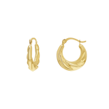 Petit croissant hoops in 14k yellow gold with latch closure.