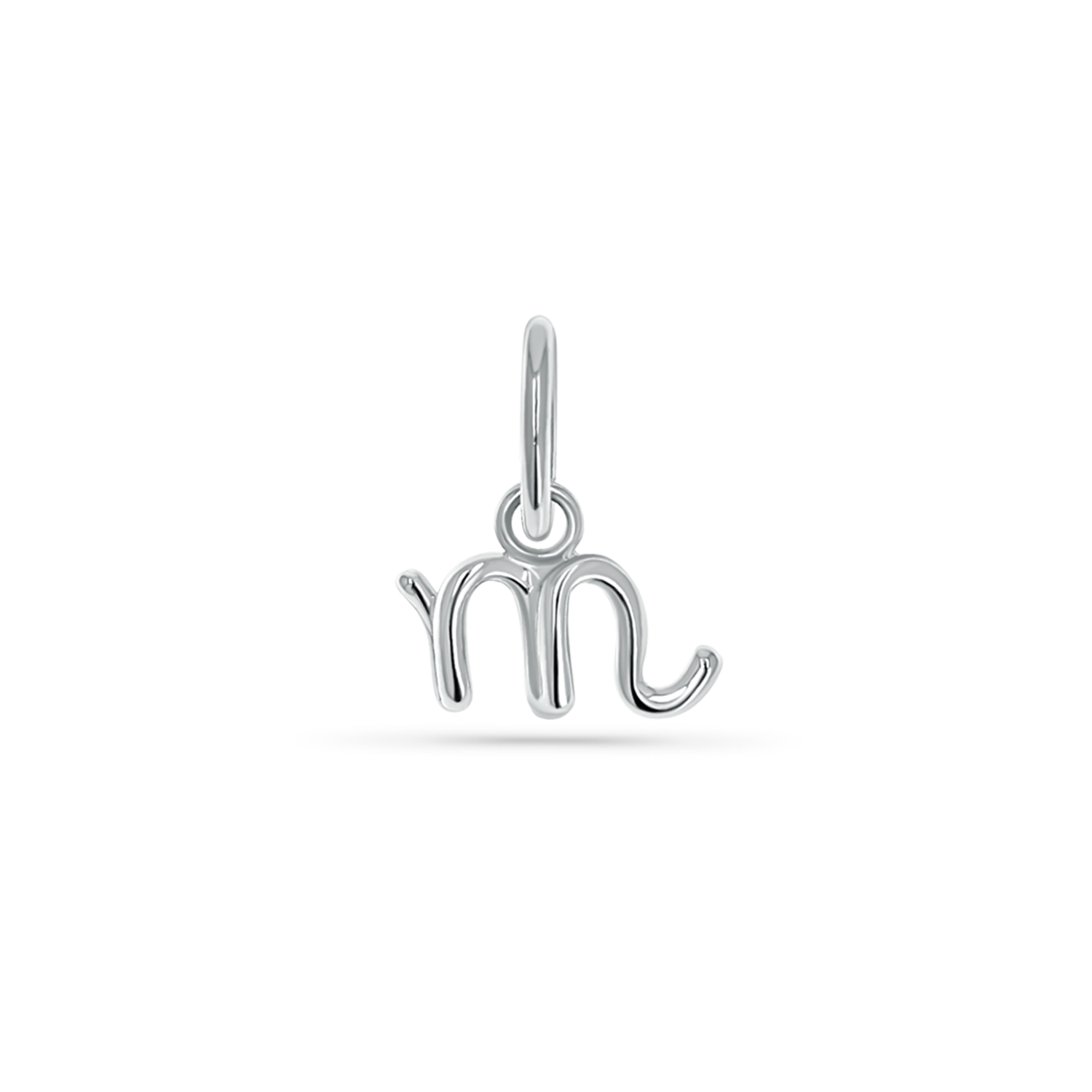 14k solid white gold charm of a lowercase letter in a cursive font. Round 5mm bail.