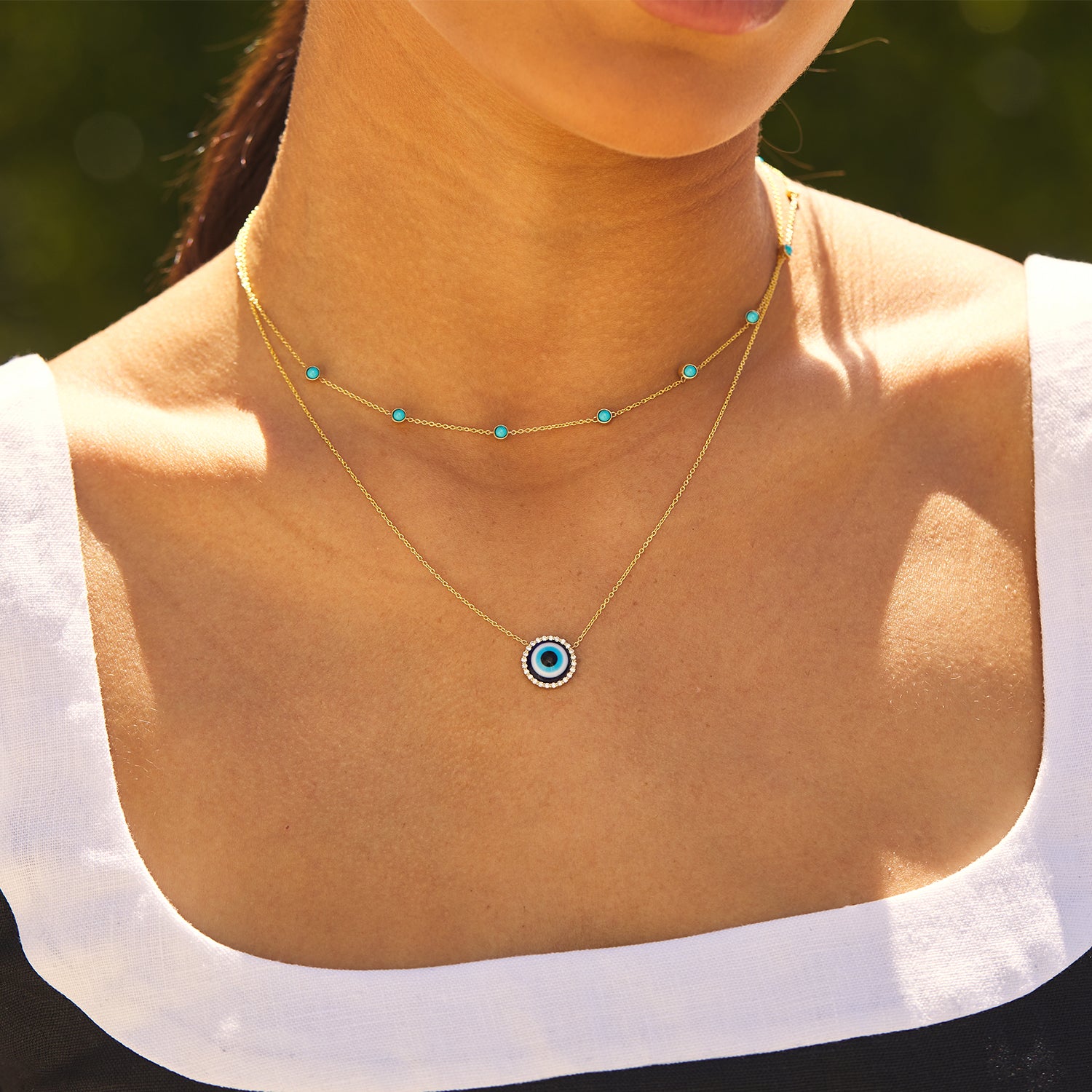 Diamond and Turquoise Evil Eye Hamsa Necklace 14K Gold