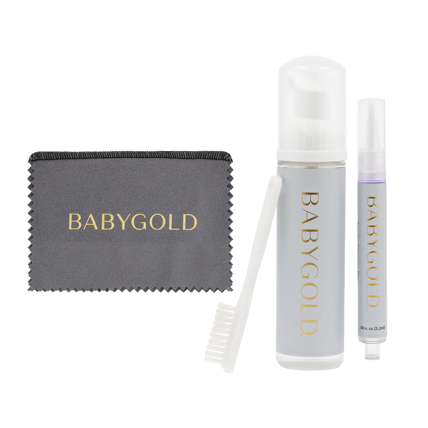 One cleaning cloth with Baby Gold in gold letters, a cleaning brush, bottle of cleaning foam with Baby Gold logo, gold cleaning pen with Baby Gold logo on transparent background.