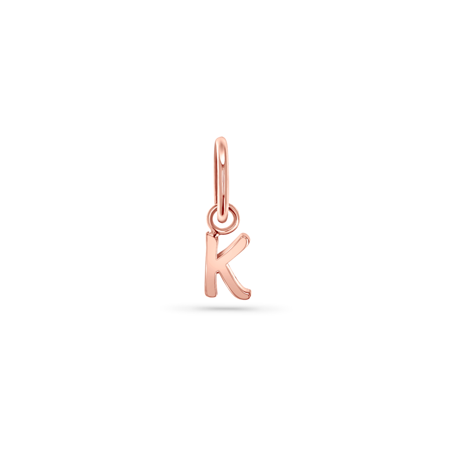 14K rose gold charm with a 5mm round bail and a capital letter written in a straight print font.