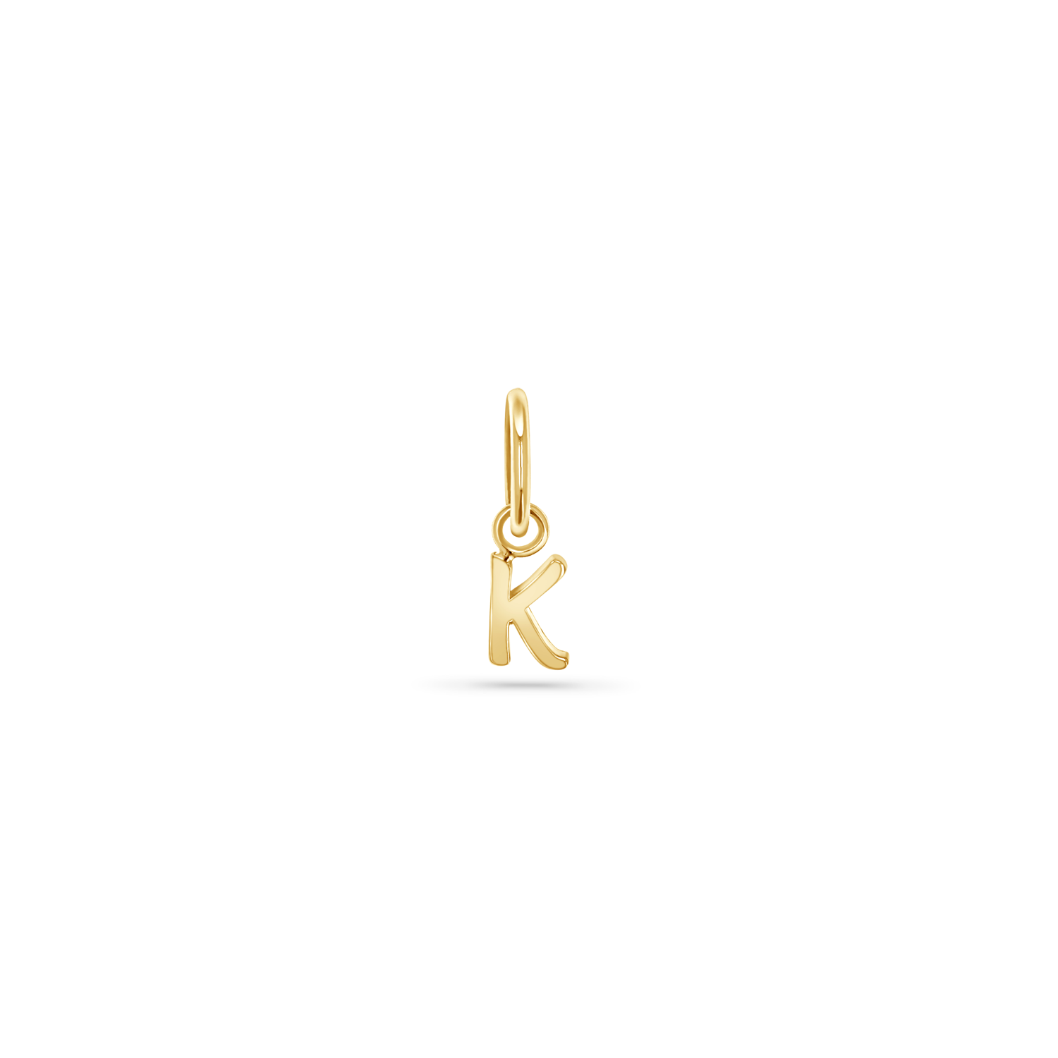 14K yellow gold charm with a 5mm round bail and a capital letter written in a straight print font.