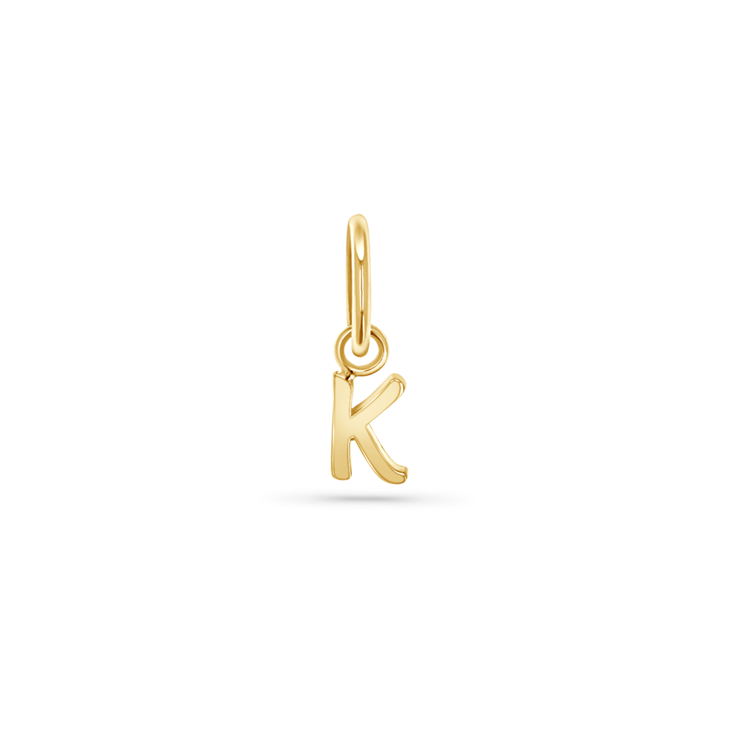 14K yellow gold charm with a 5mm round bail and a capital letter written in a straight print font.