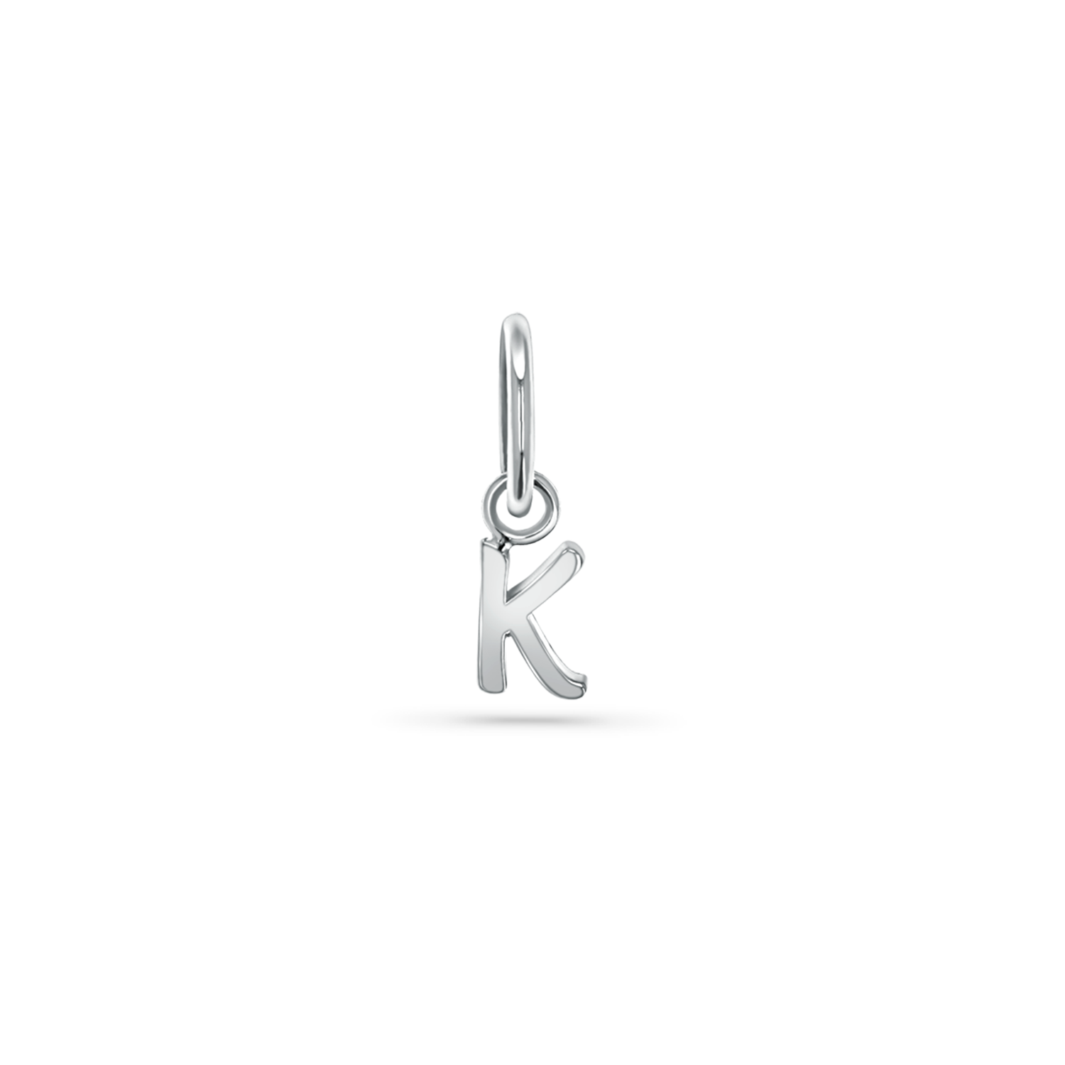 14K white gold charm with a 5mm round bail and a capital letter written in a straight print font.