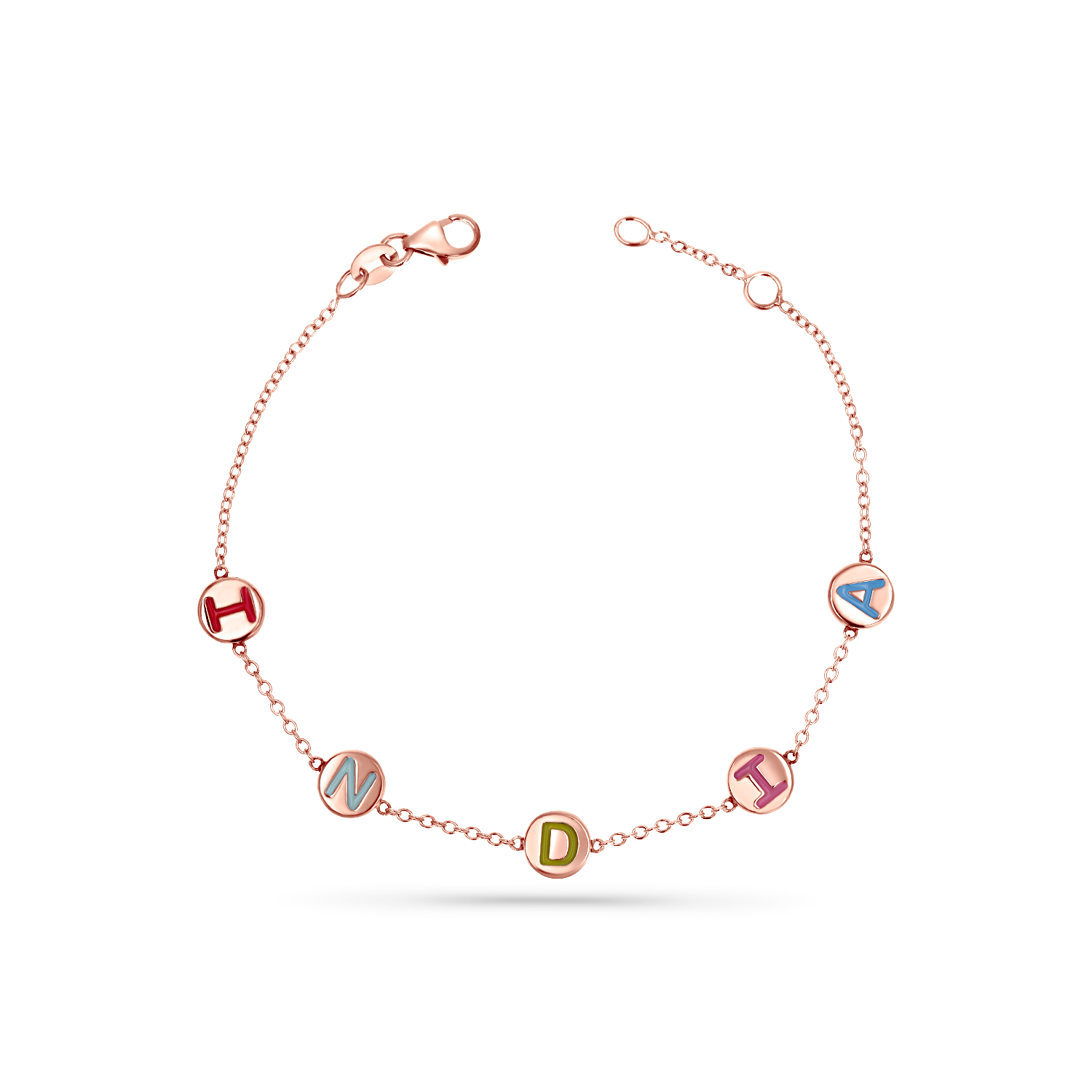 Custom 14K rose gold bracelet with cable chain, lobster extender clasp, and 5 gold discs with letters in all different enamel colors. Spelling the name India (from left to right) red I, light blue N, green D, pink I, blue A. All capital print font letters.