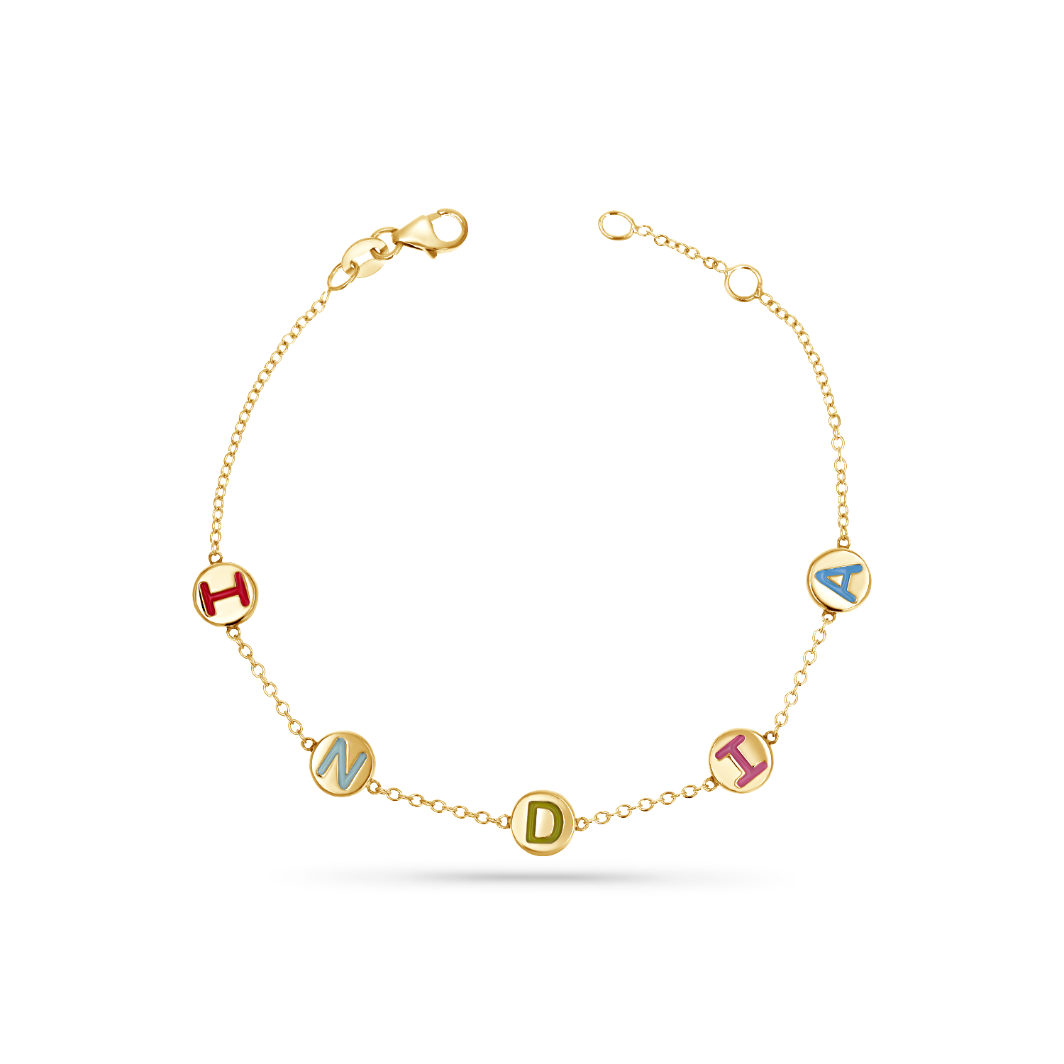 Custom 14K yellow gold bracelet with cable chain, lobster extender clasp, and 5 gold discs with letters in all different enamel colors. Spelling the name India (from left to right) red I, light blue N, green D, pink I, blue A. All capital print font letters.