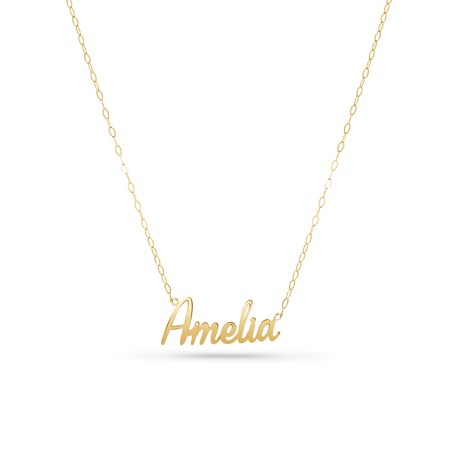 A dainty gold chain with shiny solid customizable name plate in a cursive font. 14K yellow gold option.