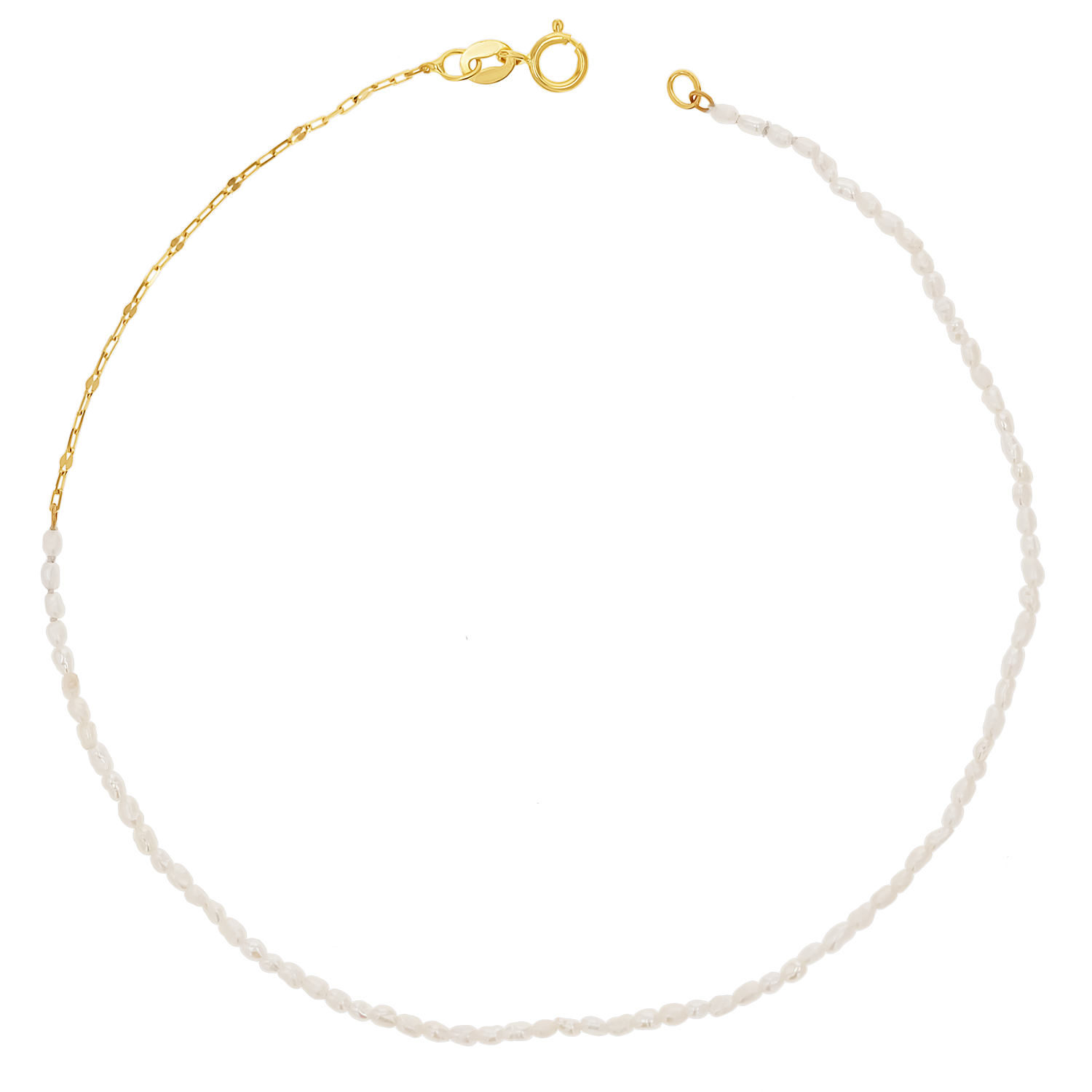 A dainty freshwater pearl anklet with 14k solid yellow gold chain and clasp.