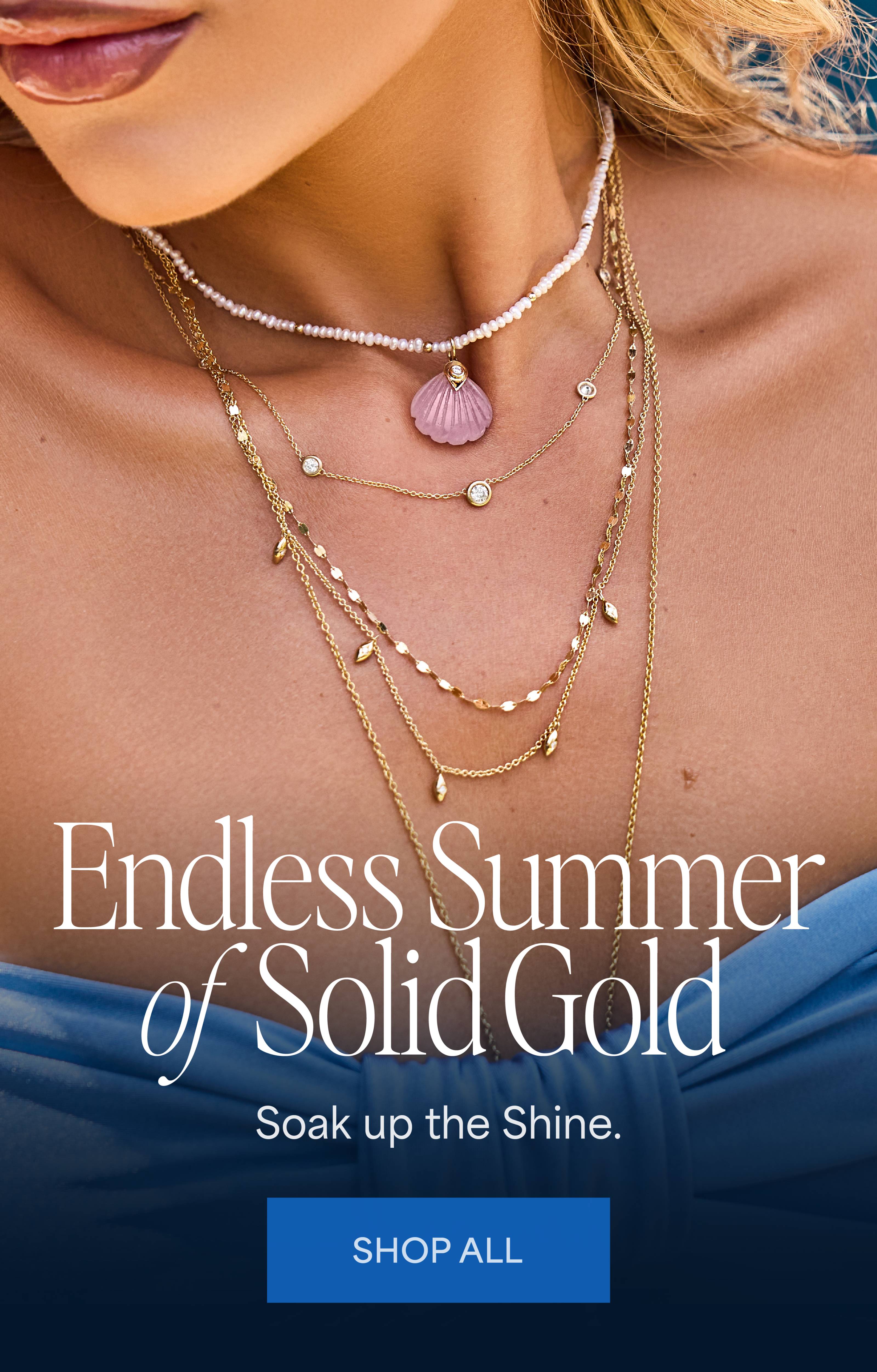 14K solid gold and genuine freshwater pearl necklaces on model