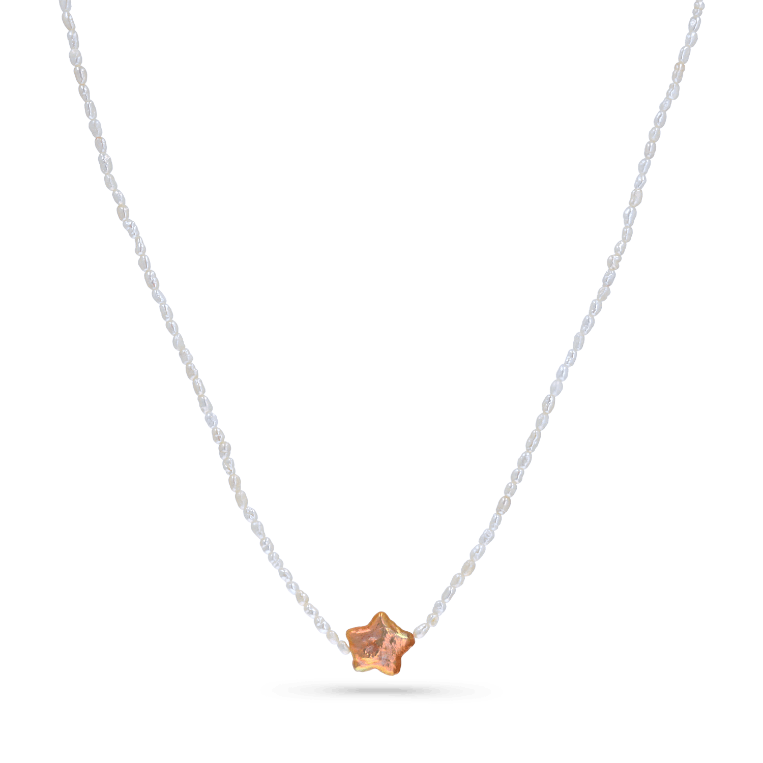 A strand necklace of micro white pearls with purple star shaped pearl.