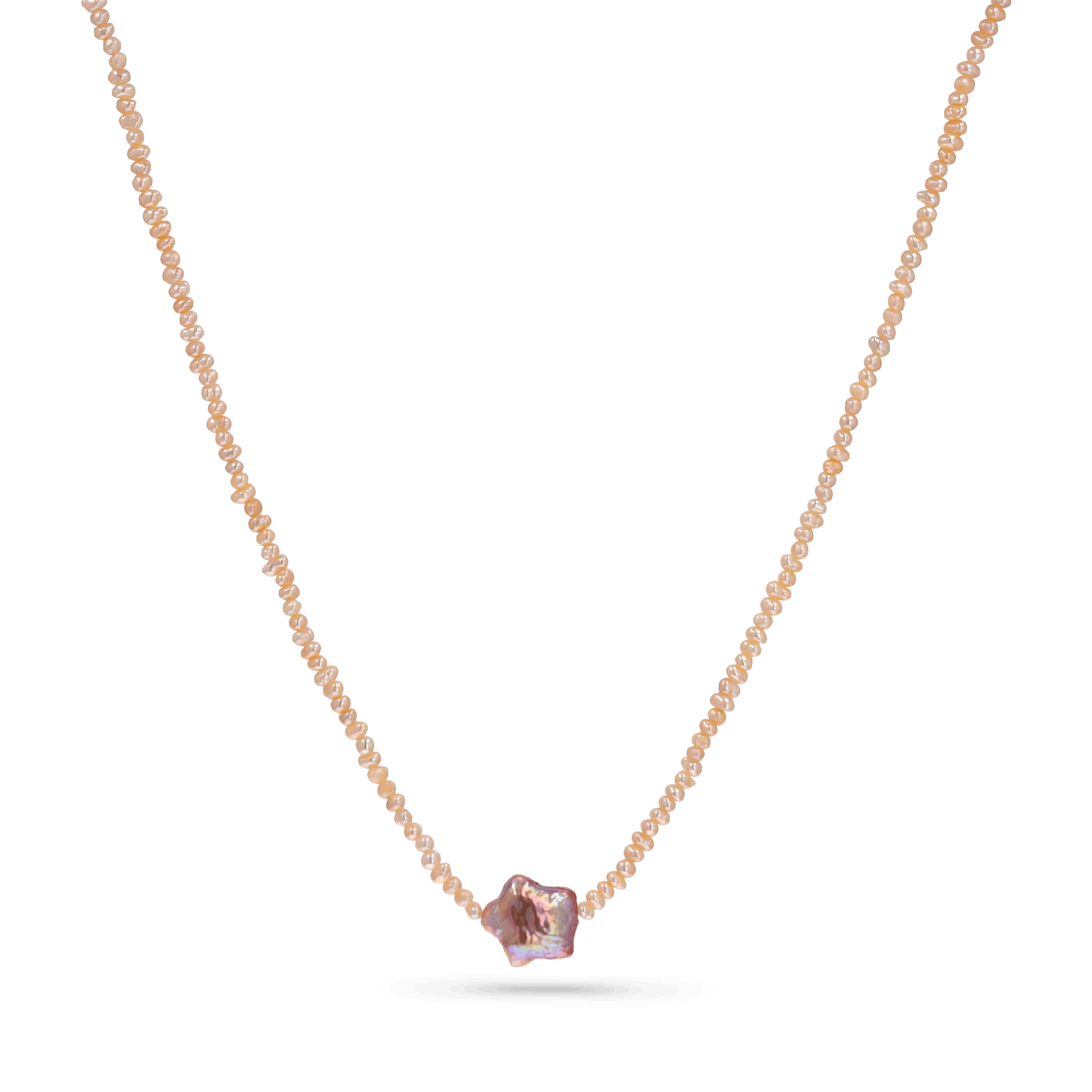 A strand necklace of micro pink pearls with a star shaped purple pearl in the center.