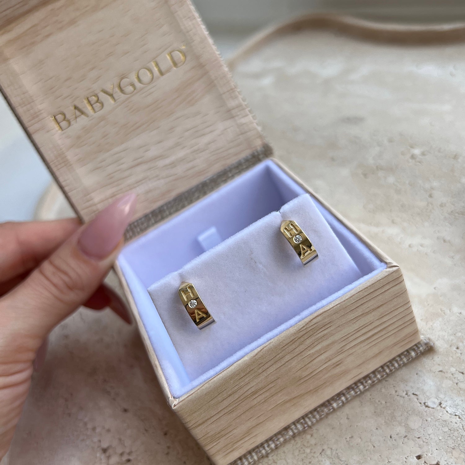 Shield Letter Huggie Hoops - Image 5