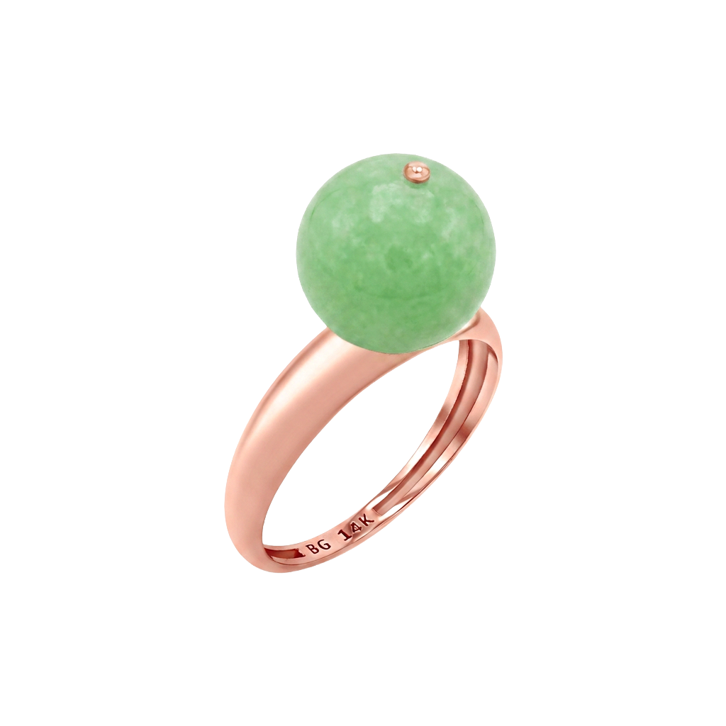 Ring with 14K solid rose gold dome band, large solitaire jade ball, and rose gold bead on top.