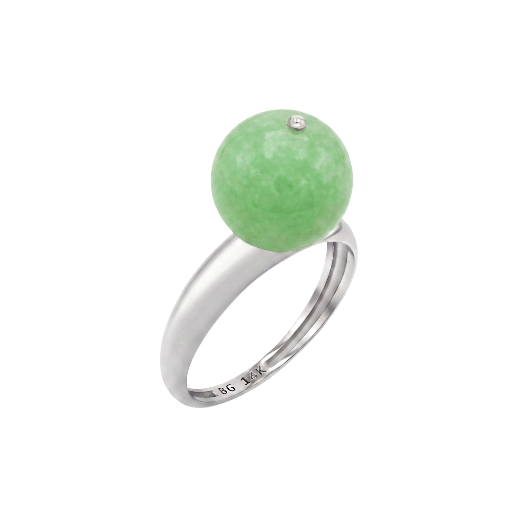 Ring with 14K solid white gold dome band, large solitaire jade ball, and white gold bead on top.