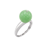 Ring with 14K solid white gold dome band, large solitaire jade ball, and white gold bead on top.