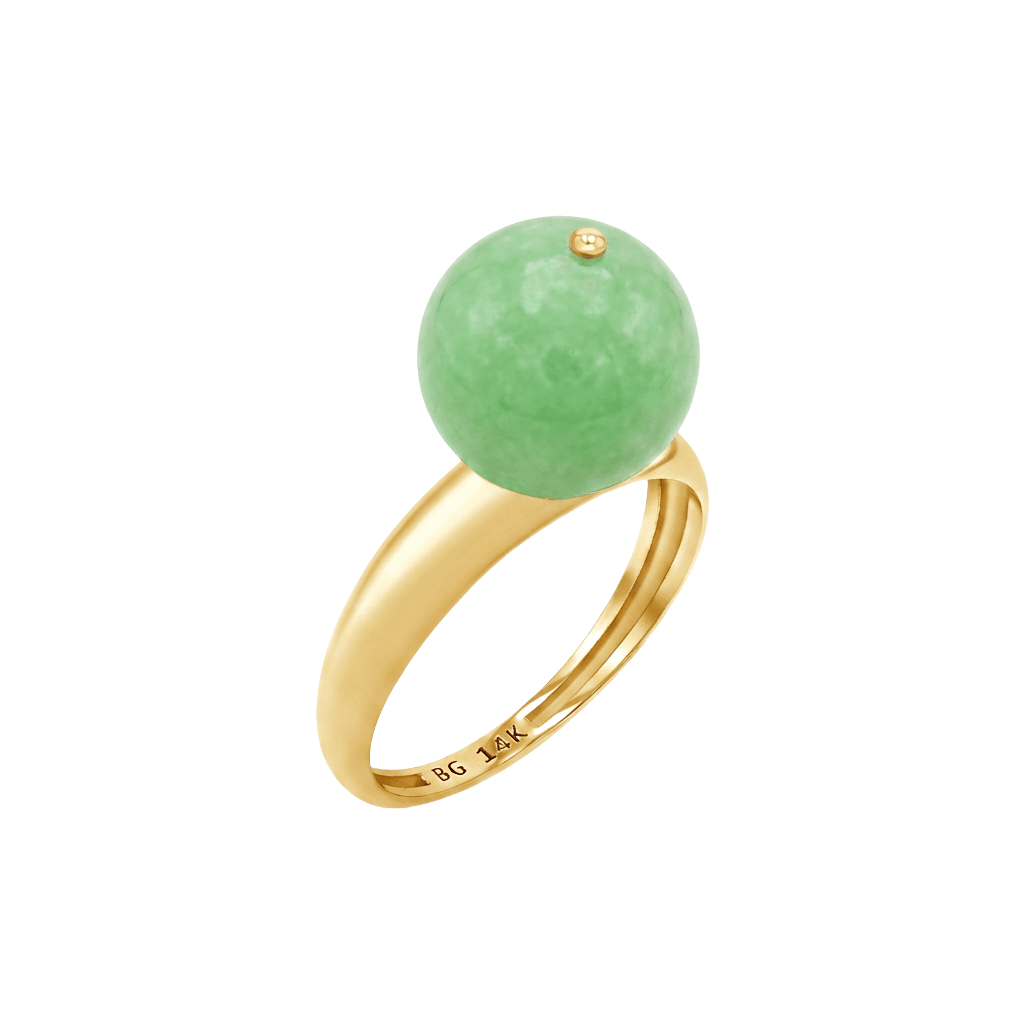 Ring with 14K solid gold dome band, large solitaire jade ball, and gold bead on top.