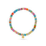 A colorful stretch bracelet with multicolor opal beads and station gold beads. With a charm stamped 14K gold.