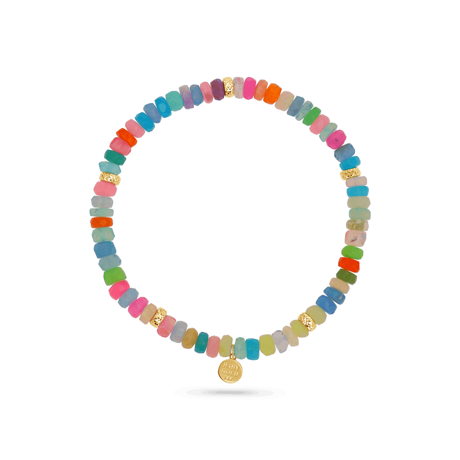 A colorful stretch bracelet with multicolor opal beads and station gold beads. With a charm stamped 14K gold.