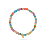 A colorful stretch bracelet with multicolor opal beads and station gold beads. With a charm stamped 14K gold.