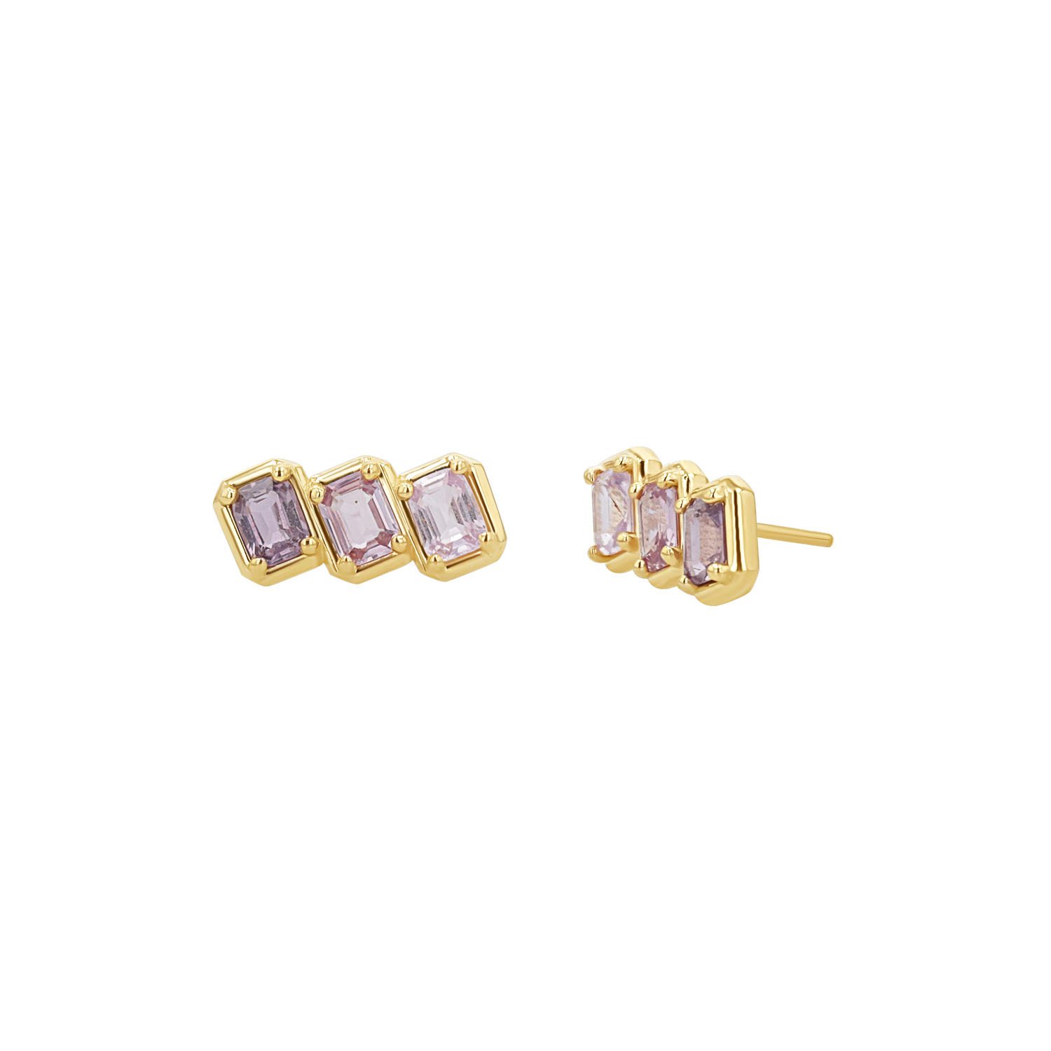 Emerald Cut Pink Ombré Trio Sapphire Earrings - Image 2