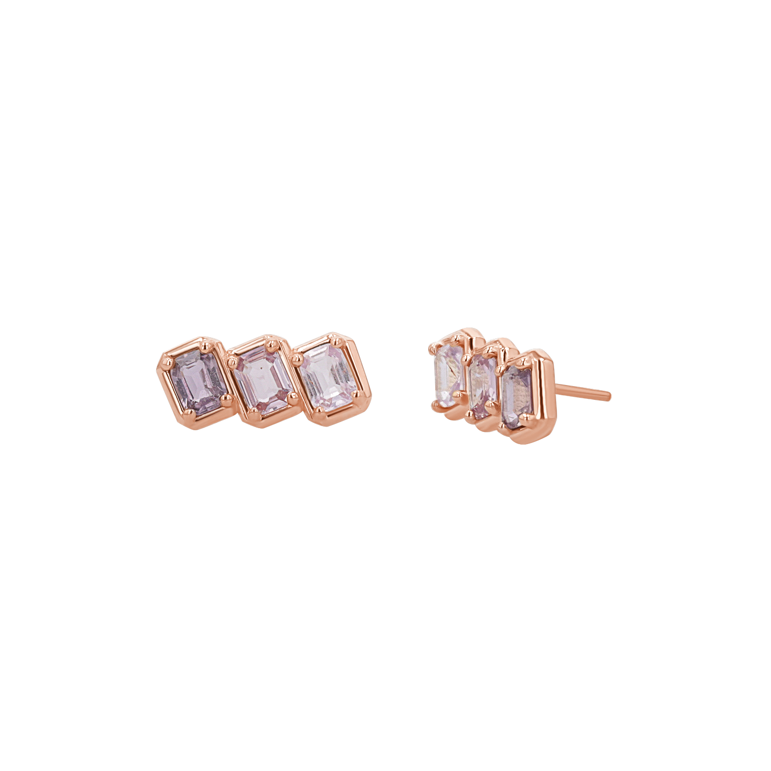 Emerald Cut Pink Ombré Trio Sapphire Earrings - Image 4