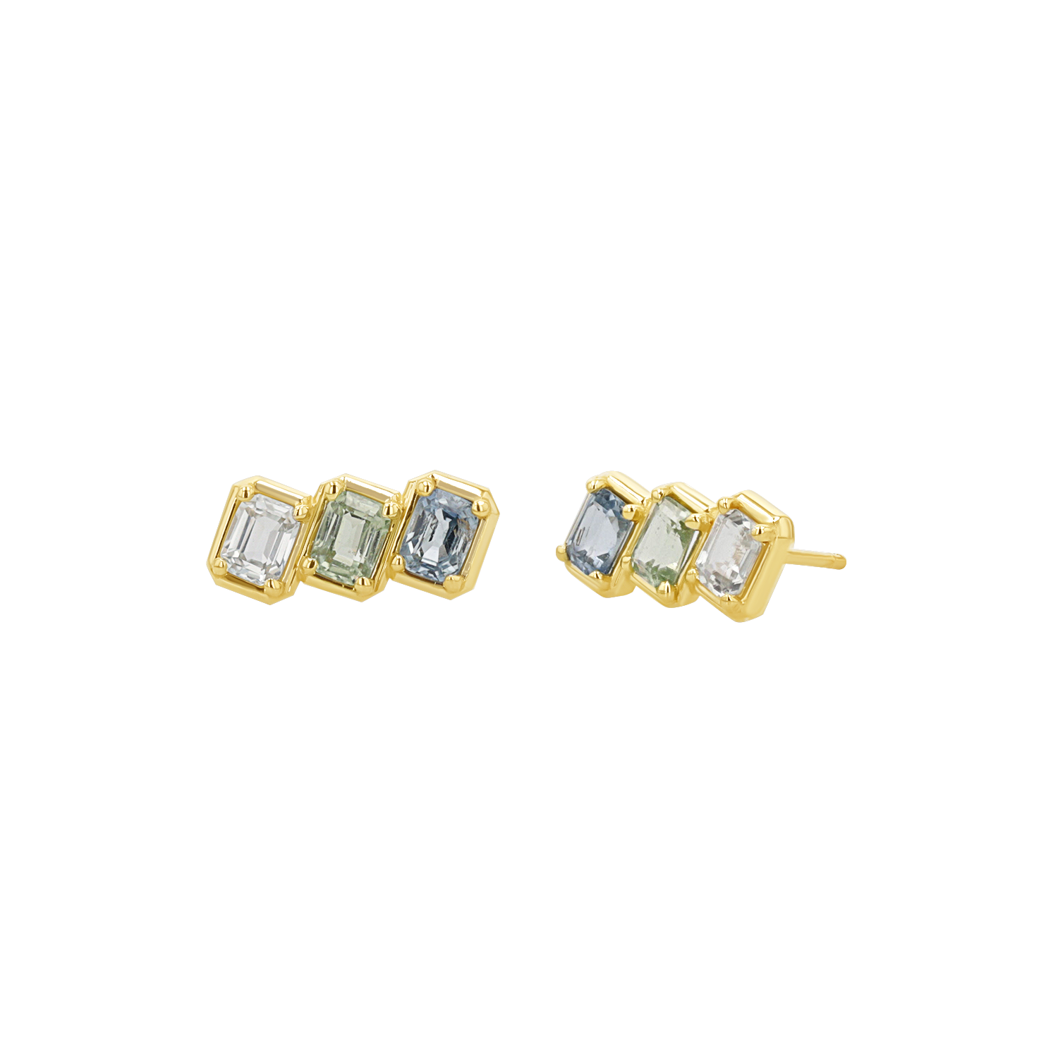 Emerald Cut Blue Ombré Trio Sapphire Earrings - Image 2