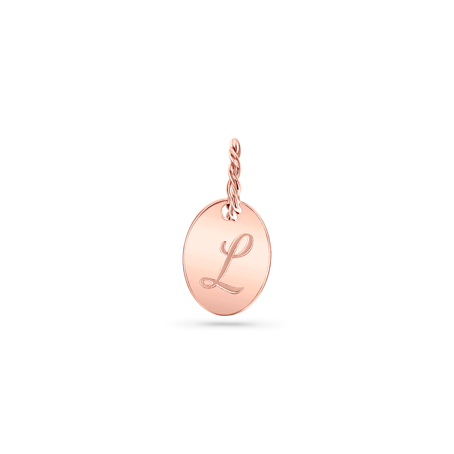 14K solid rose gold disc with an engraved capital letter in script font and large bail made of twisted gold wire.