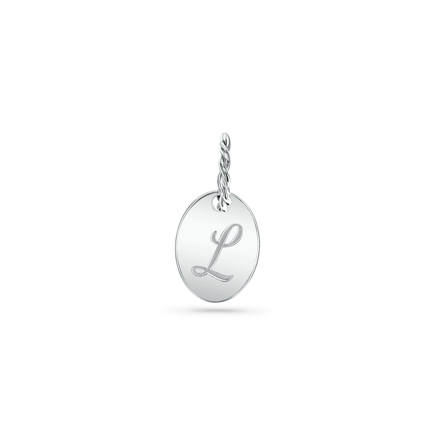14K solid white gold disc with an engraved capital letter in script font and large bail made of twisted gold wire.