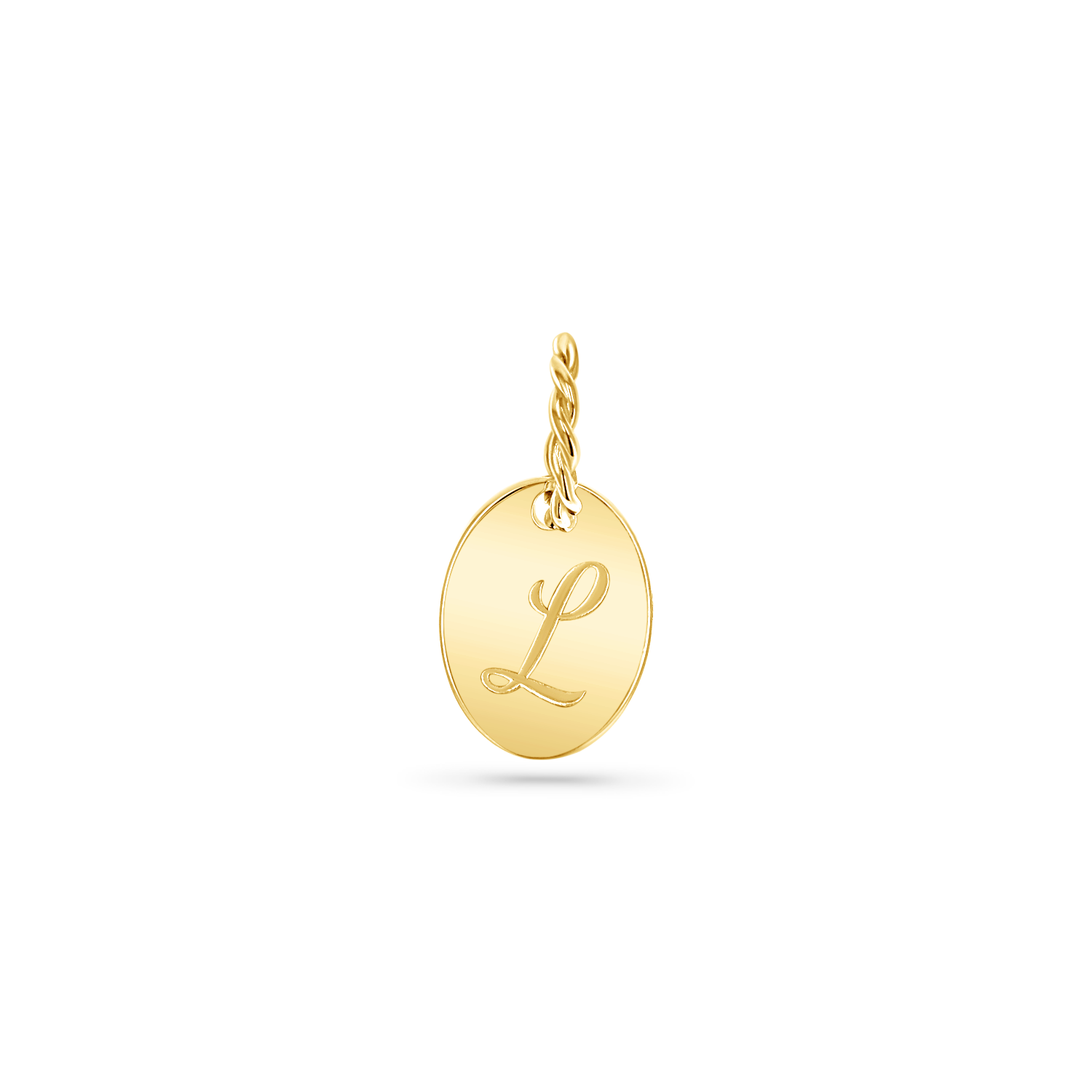 14K solid yellow gold disc with an engraved capital letter in script font and large bail made of twisted gold wire.