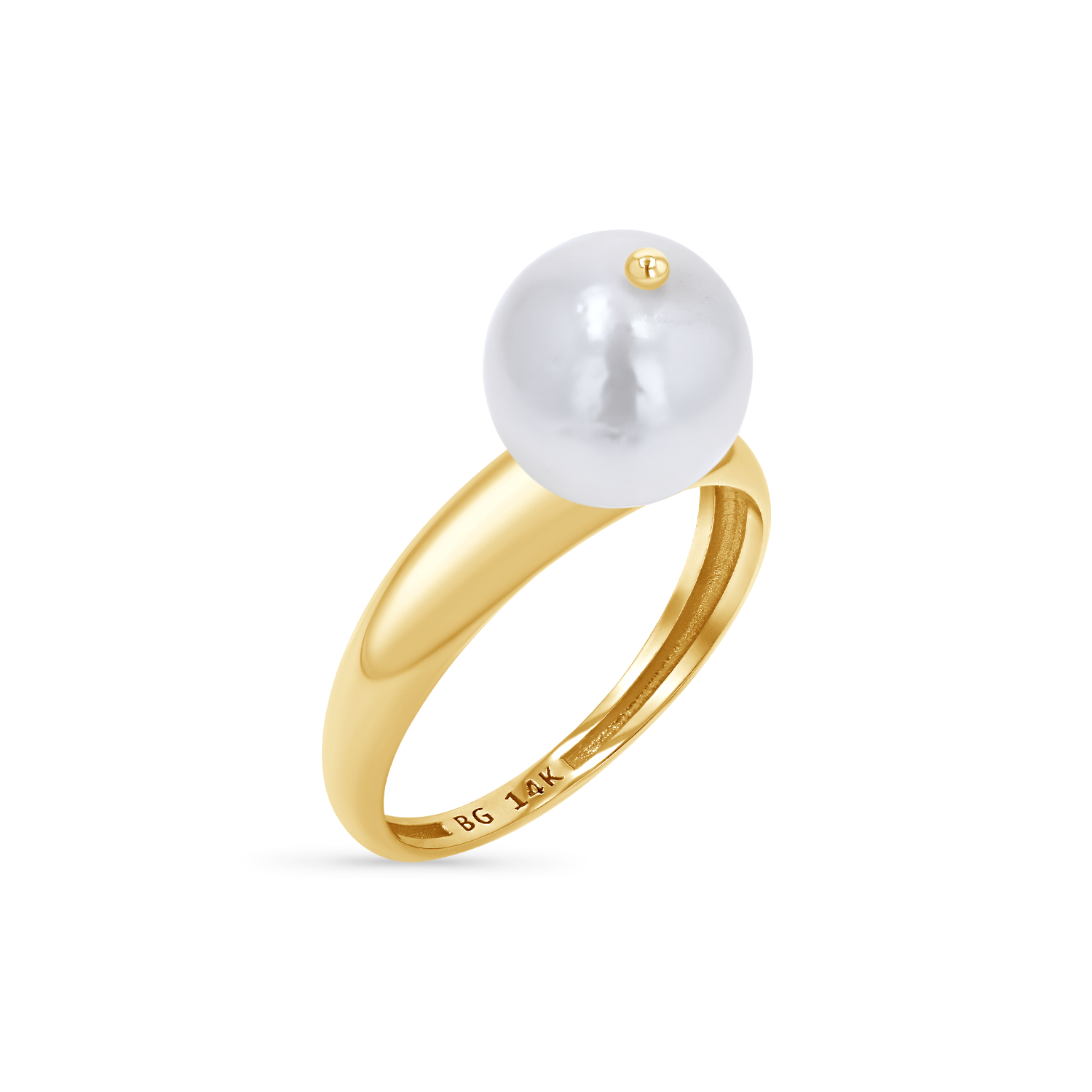 A large, round freshwater pearl set on a 14K solid gold band stamped with BG 14K.