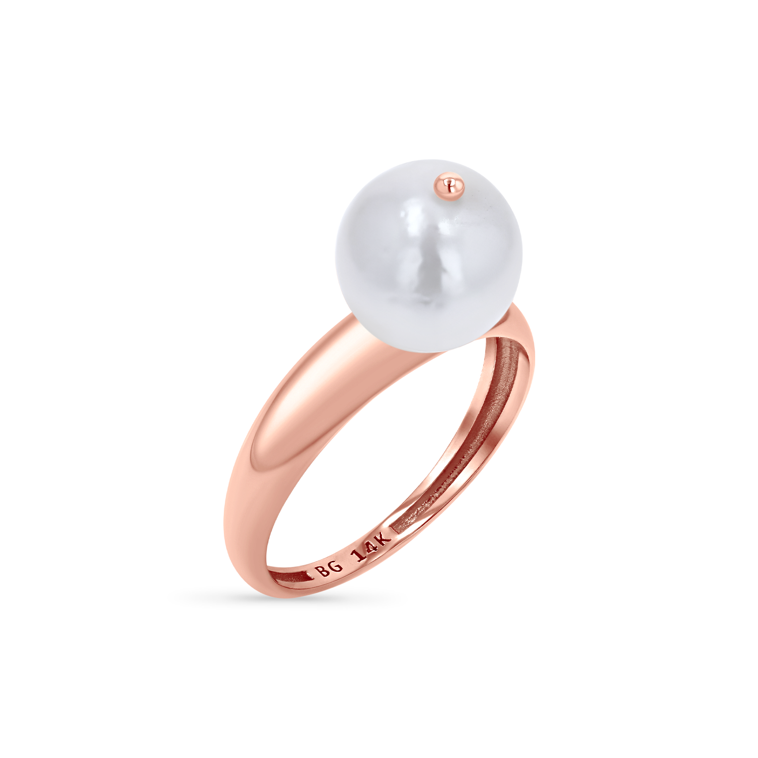 A large, round freshwater pearl set on a 14K solid rose gold band stamped with BG 14K.