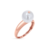 A large, round freshwater pearl set on a 14K solid rose gold band stamped with BG 14K.